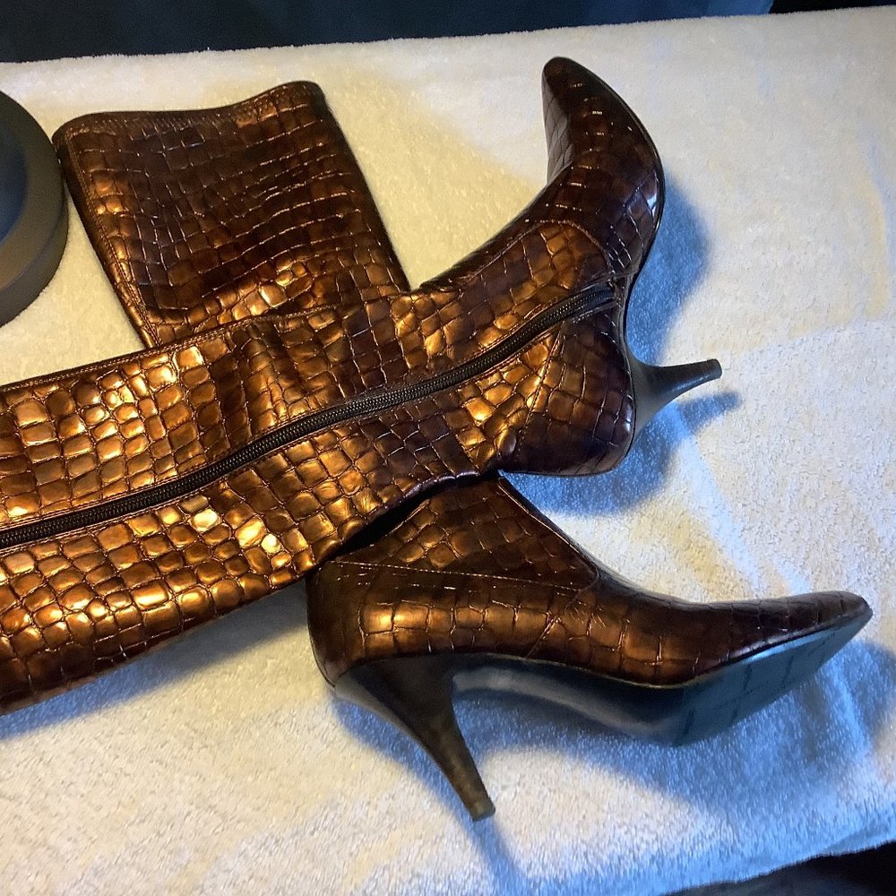 Ruby & Bloom Bronze Snakelike Boots, Size 6.5